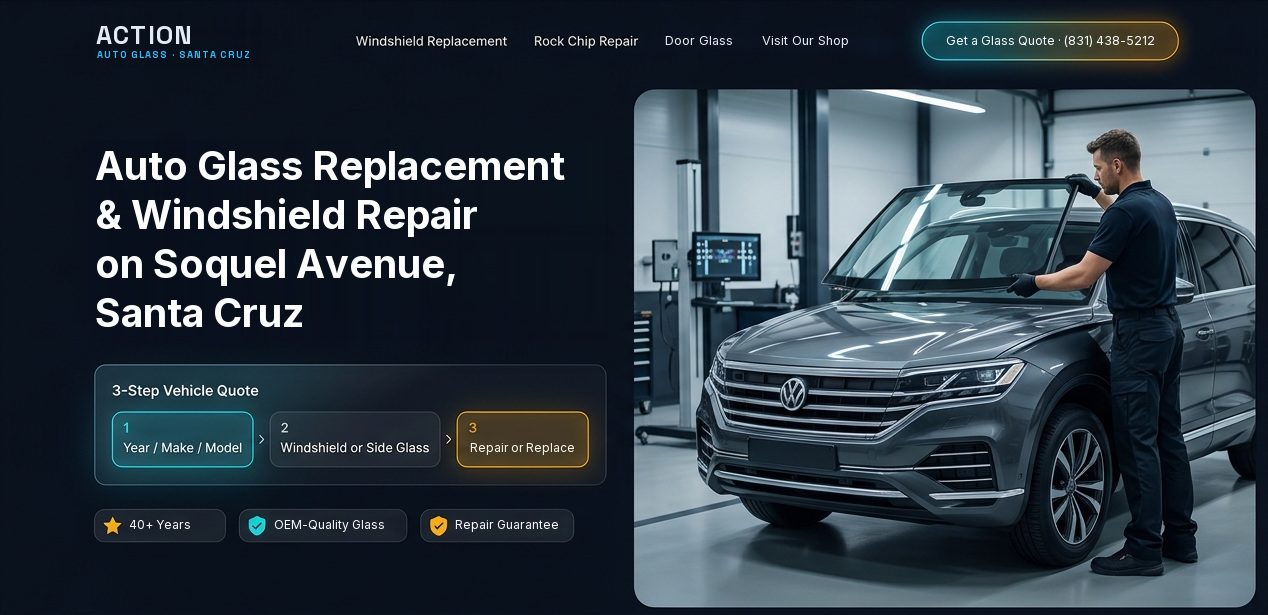 Homepage concept for Action Auto Glass with a three-step quote request, the shop's phone number and trust badges